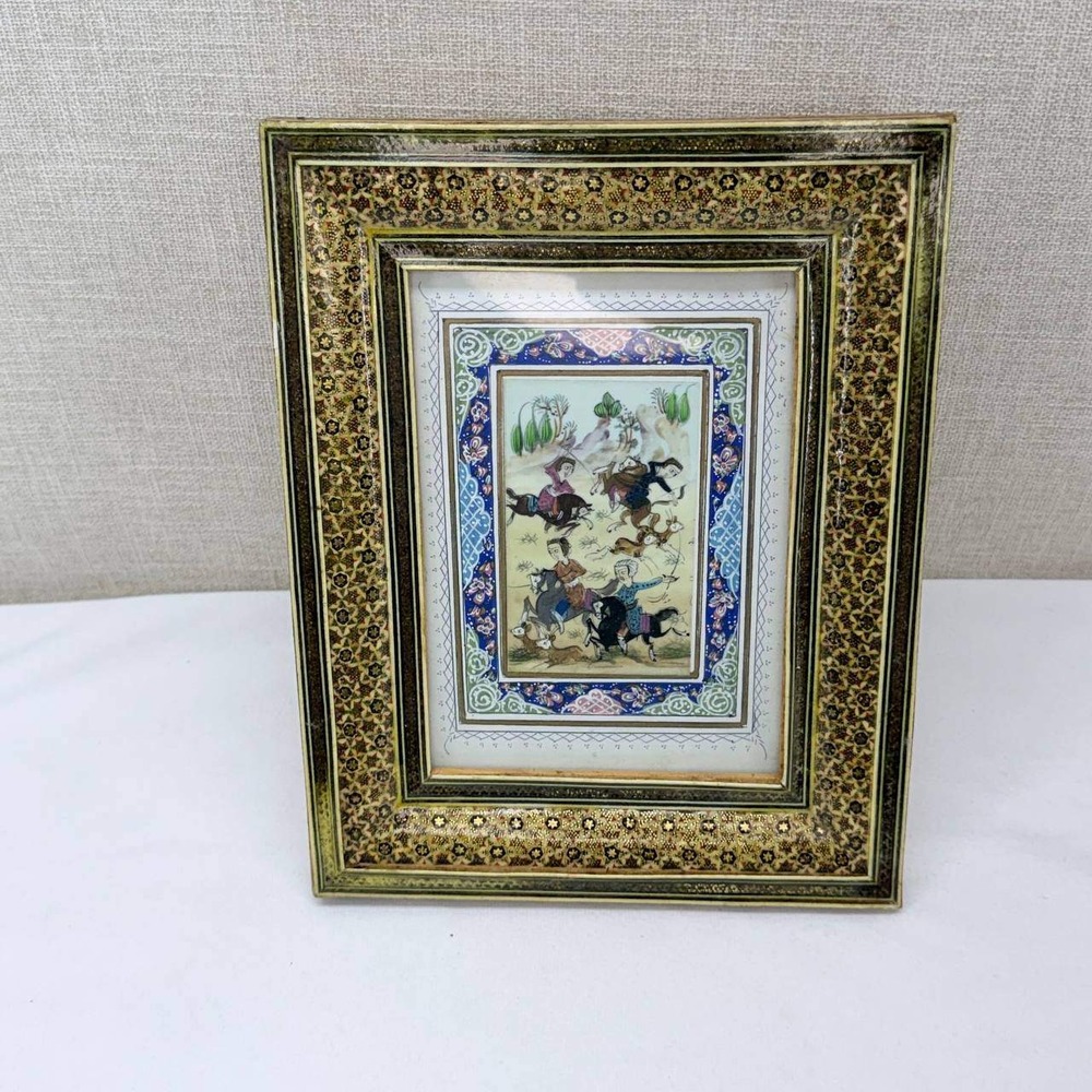 Persian Miniature Painting Khatamkari Frame Polo Hunting Scene Hand Painted Art